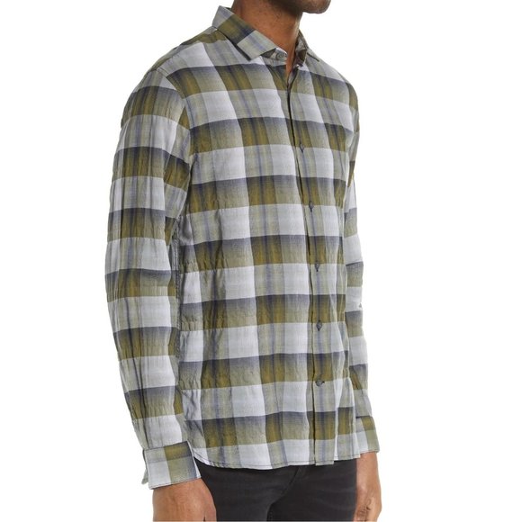 John Varvatos Final Sale NWT Men's Ross Large Check Button LS Shirt Bottle Green - Picture 5 of 6